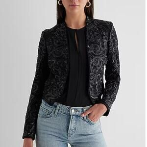 Express Women’s Black Beaded Sequin Ornate Cropped Blazer Jacket, Size L, NWT